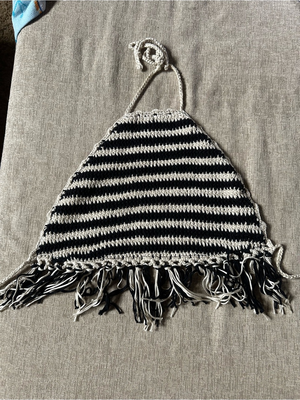 Black and White Striped Crochet Halter Top with Fringe size small